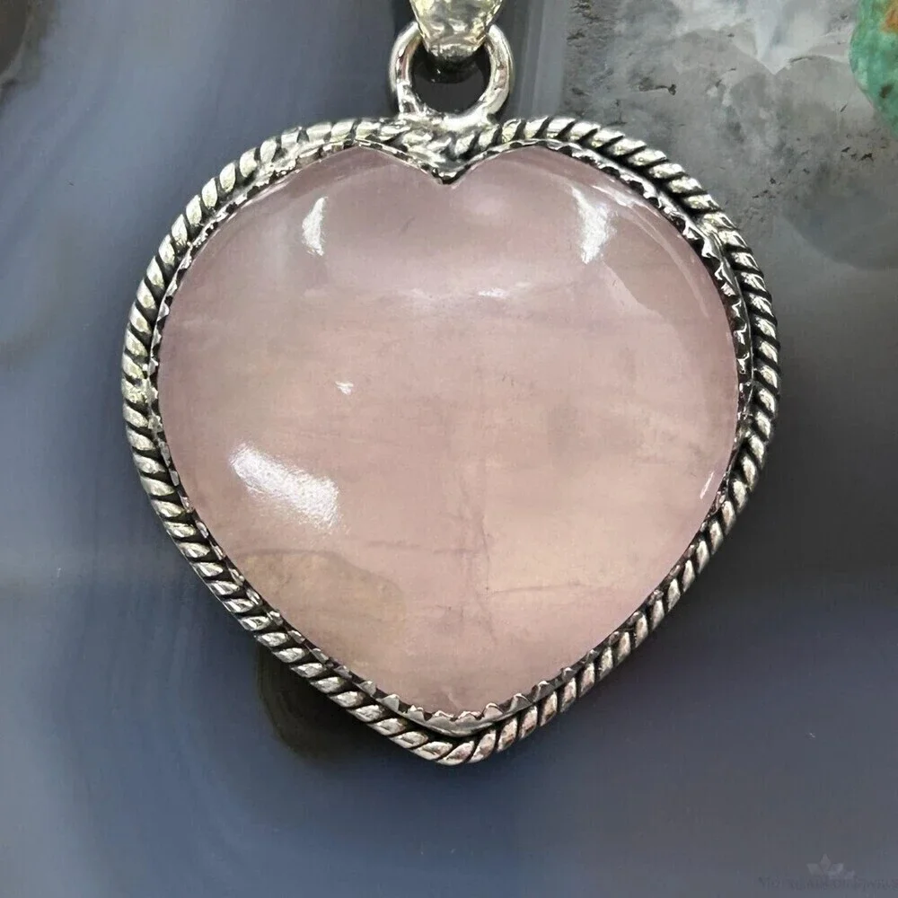 Sterling Silver Southwestern Style Rose Quartz Heart Pendant For Women